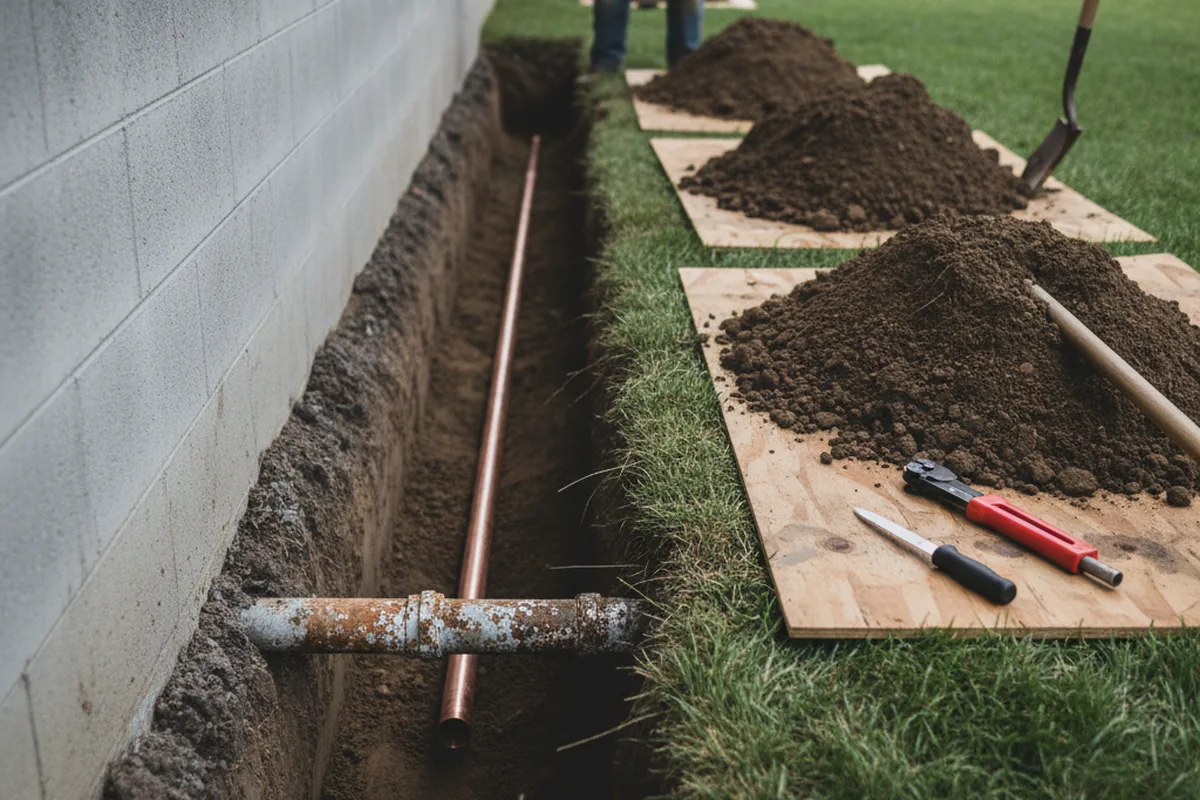 Excavated water line trench during Sewer Line Repair in Buckeye